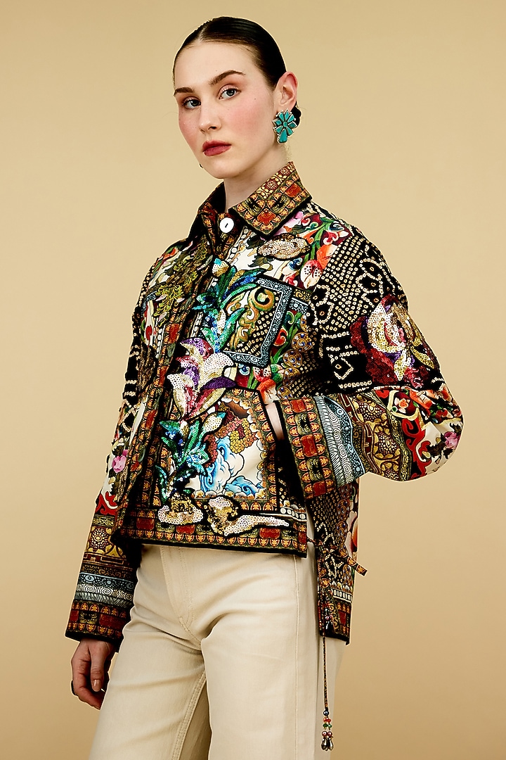 Black Cotton Poplin Printed Buttoned Jacket by Rajdeep Ranawat at Pernia's Pop Up Shop