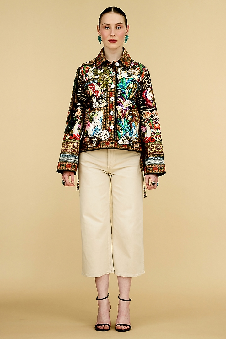 Black Cotton Poplin Printed Buttoned Jacket by Rajdeep Ranawat at Pernia's Pop Up Shop