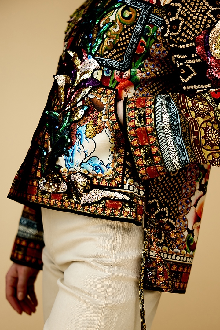 Black Cotton Poplin Printed Buttoned Jacket by Rajdeep Ranawat at Pernia's Pop Up Shop
