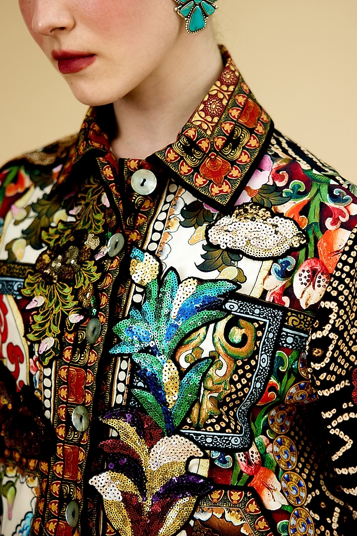 Black Cotton Poplin Printed Buttoned Jacket by Rajdeep Ranawat at Pernia's Pop Up Shop