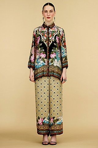 Black Silk Printed Shirt by Rajdeep Ranawat