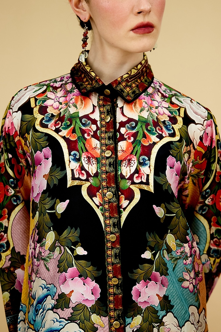 Black Silk Printed Shirt by Rajdeep Ranawat at Pernia's Pop Up Shop