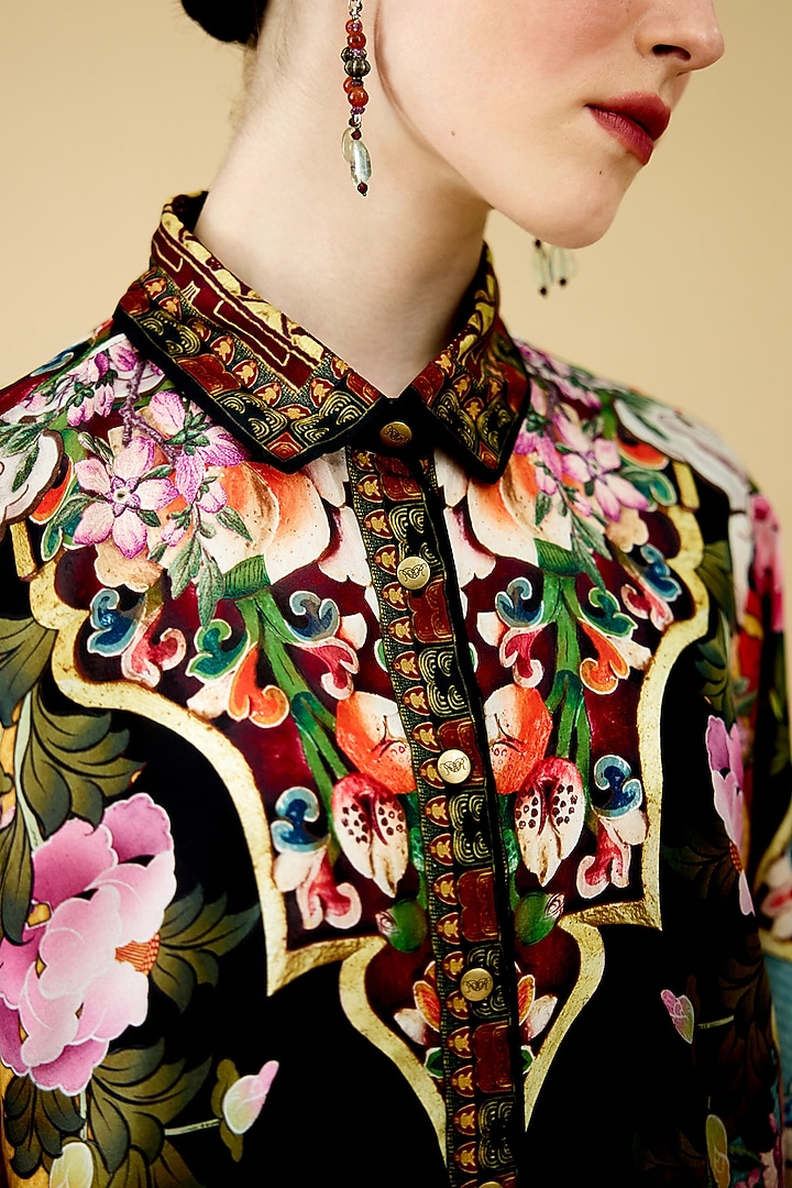 Black Silk Printed Shirt by Rajdeep Ranawat at Pernia's Pop Up Shop