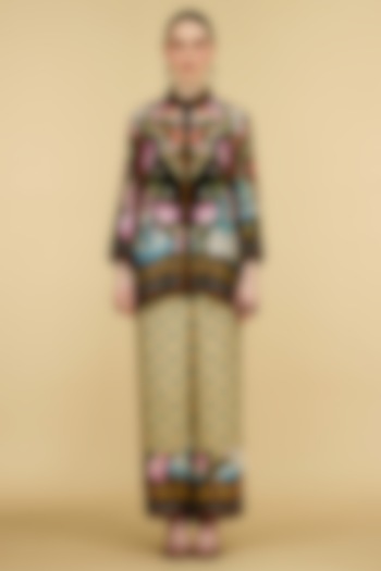 Black Modal Satin Printed Pants by Rajdeep Ranawat at Pernia's Pop Up Shop