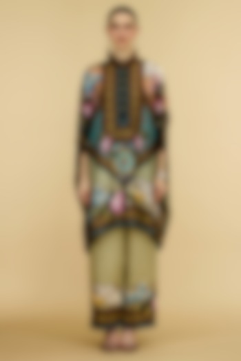 Taupe & Aqua Silk Printed Tunic by Rajdeep Ranawat at Pernia's Pop Up Shop