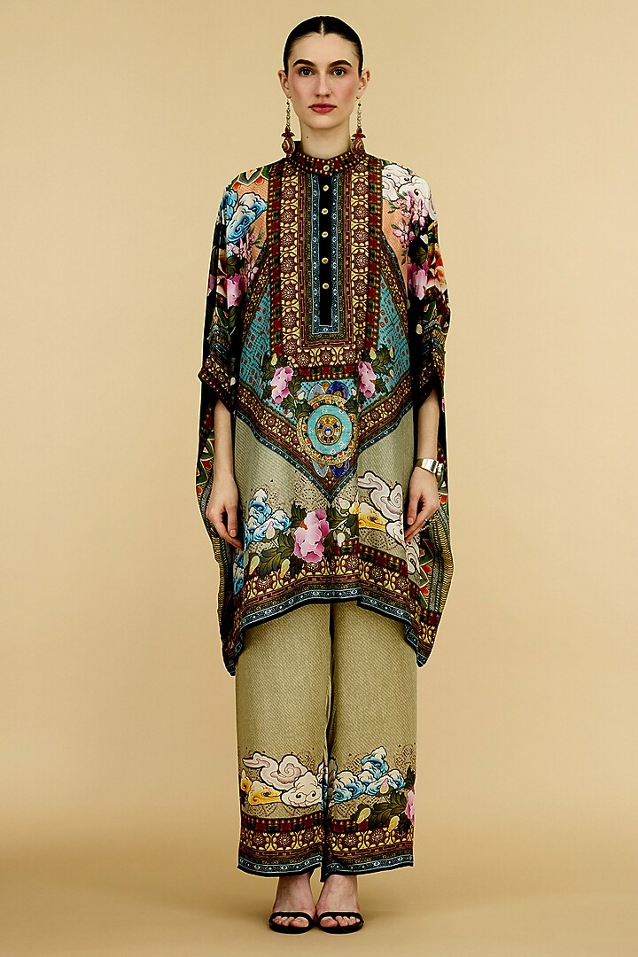 Taupe & Aqua Silk Printed Tunic by Rajdeep Ranawat at Pernia's Pop Up Shop
