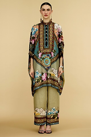 Taupe & Aqua Silk Printed Tunic by Rajdeep Ranawat