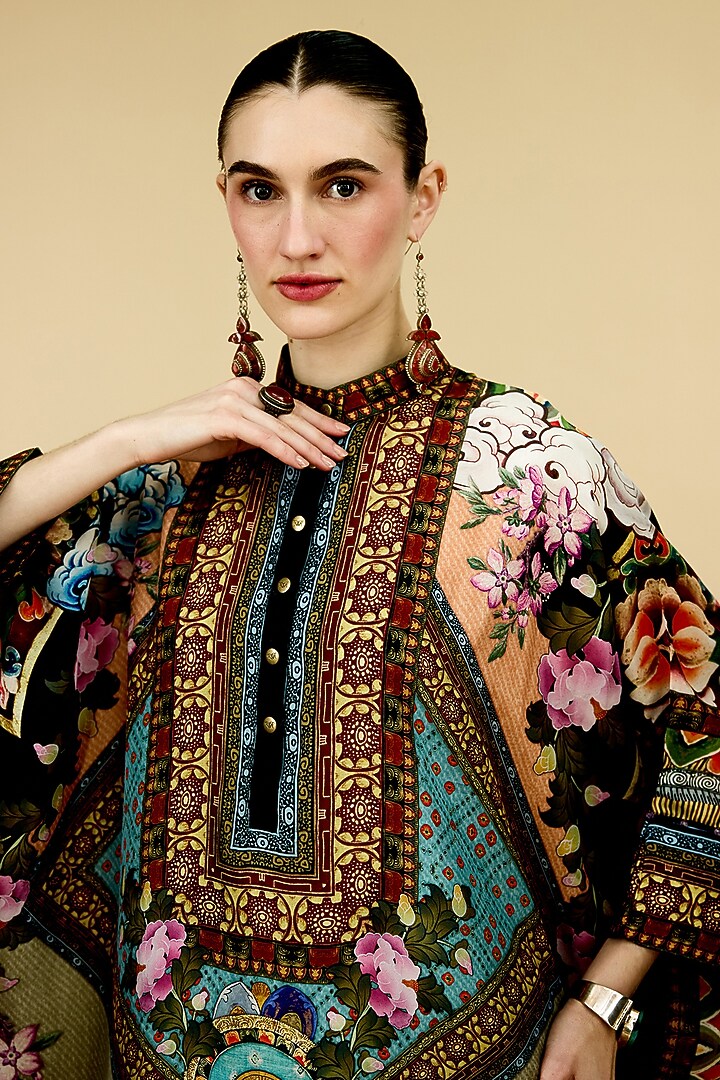 Taupe & Aqua Silk Printed Tunic by Rajdeep Ranawat at Pernia's Pop Up Shop