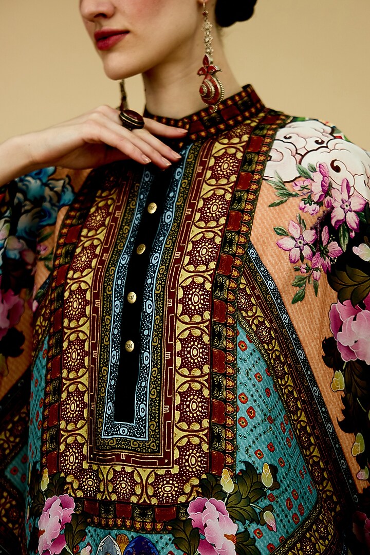 Taupe & Aqua Silk Printed Tunic by Rajdeep Ranawat at Pernia's Pop Up Shop