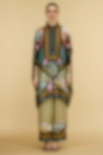Taupe & Aqua Modal Satin Printed Pants by Rajdeep Ranawat at Pernia's Pop Up Shop