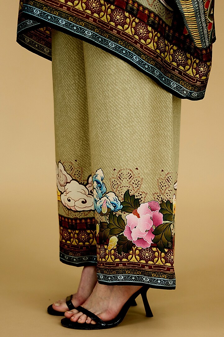 Taupe & Aqua Modal Satin Printed Pants by Rajdeep Ranawat at Pernia's Pop Up Shop