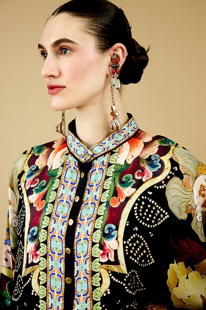 Black Silk Printed Tunic by Rajdeep Ranawat at Pernia's Pop Up Shop