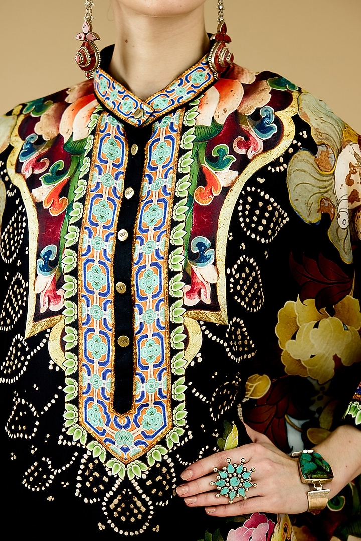 Black Silk Printed Tunic by Rajdeep Ranawat at Pernia's Pop Up Shop