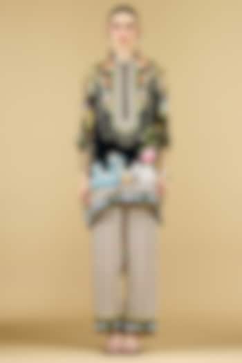 Black Modal Satin Printed Pants by Rajdeep Ranawat at Pernia's Pop Up Shop