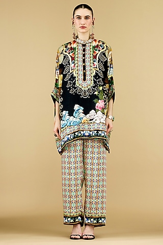 Black Modal Satin Printed Pants by Rajdeep Ranawat