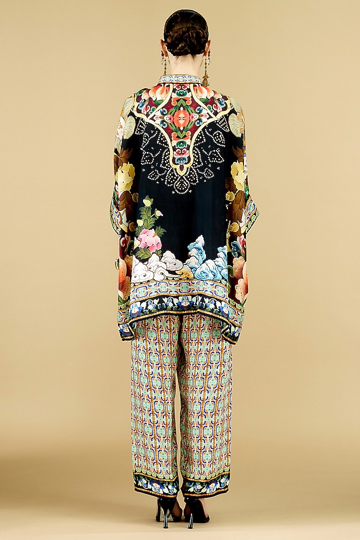 Black Modal Satin Printed Pants by Rajdeep Ranawat at Pernia's Pop Up Shop