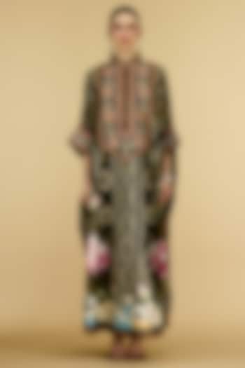 Black Silk Dupion Printed Kaftan by Rajdeep Ranawat at Pernia's Pop Up Shop