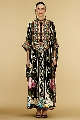 Black Silk Dupion Printed Kaftan by Rajdeep Ranawat