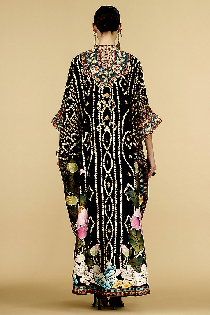 Black Silk Dupion Printed Kaftan by Rajdeep Ranawat at Pernia's Pop Up Shop