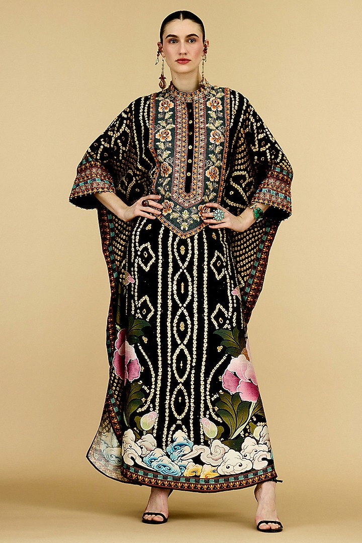 Black Silk Dupion Printed Kaftan by Rajdeep Ranawat at Pernia's Pop Up Shop