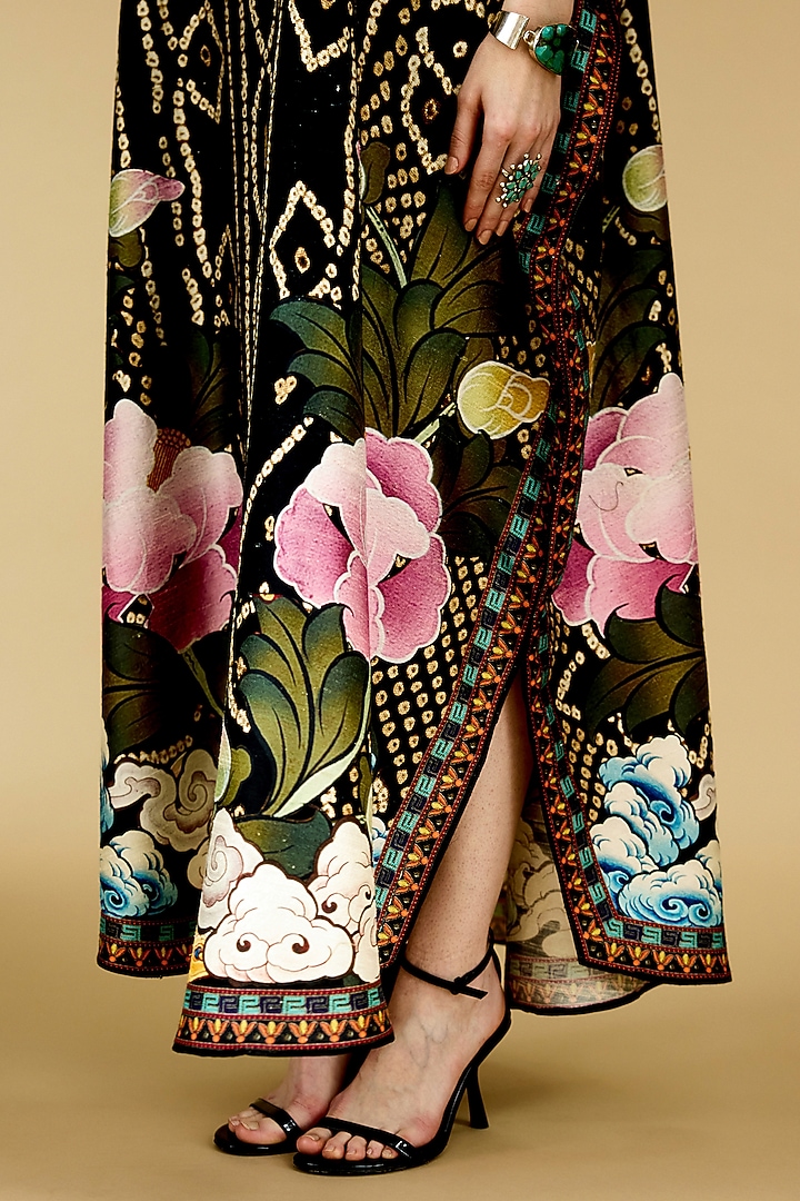 Black Silk Dupion Printed Kaftan by Rajdeep Ranawat at Pernia's Pop Up Shop