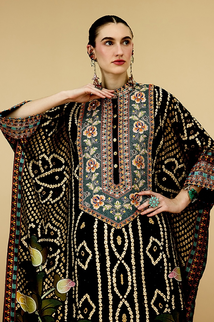 Black Silk Dupion Printed Kaftan by Rajdeep Ranawat at Pernia's Pop Up Shop