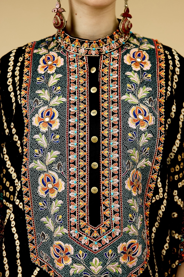 Black Silk Dupion Printed Kaftan by Rajdeep Ranawat at Pernia's Pop Up Shop