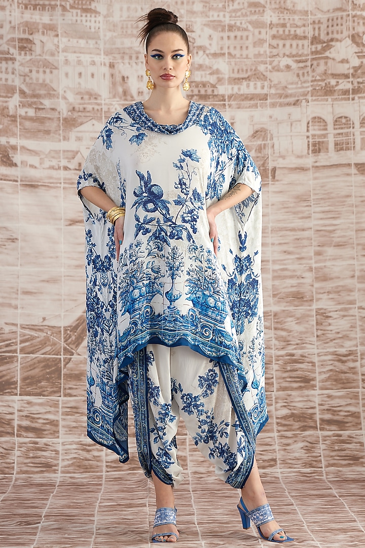 White & Blue Silk Printed Dhoti Set by Rajdeep Ranawat at Pernia's Pop Up Shop