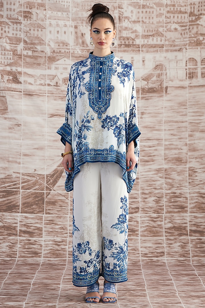 White & Blue Silk Printed Tunic Set by Rajdeep Ranawat