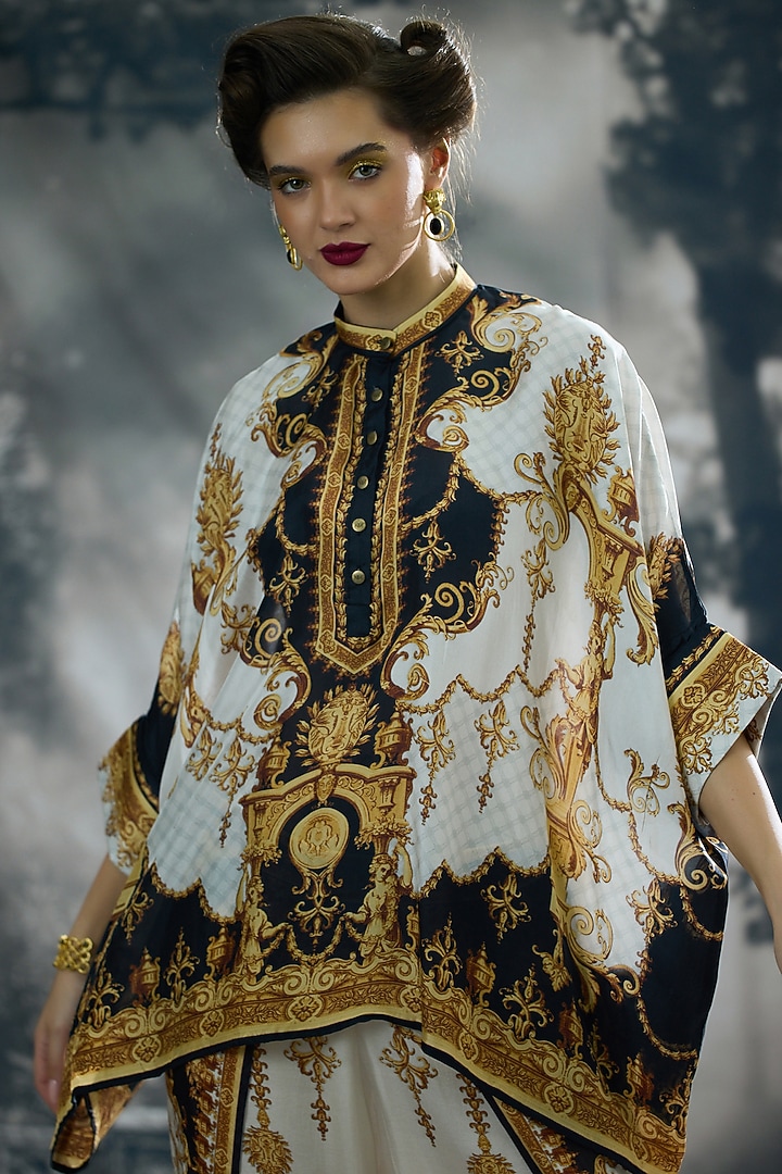 Black & Gold Silk Printed Tunic by Rajdeep Ranawat at Pernia's Pop Up Shop