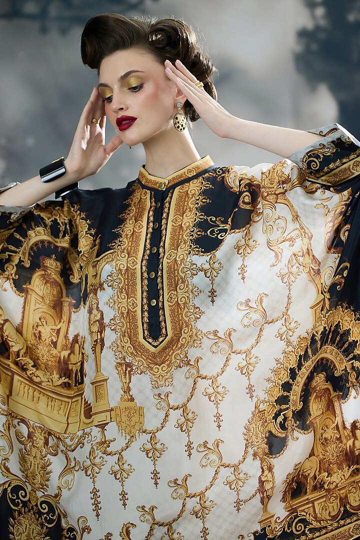 Black & Gold Silk Printed Tunic by Rajdeep Ranawat at Pernia's Pop Up Shop