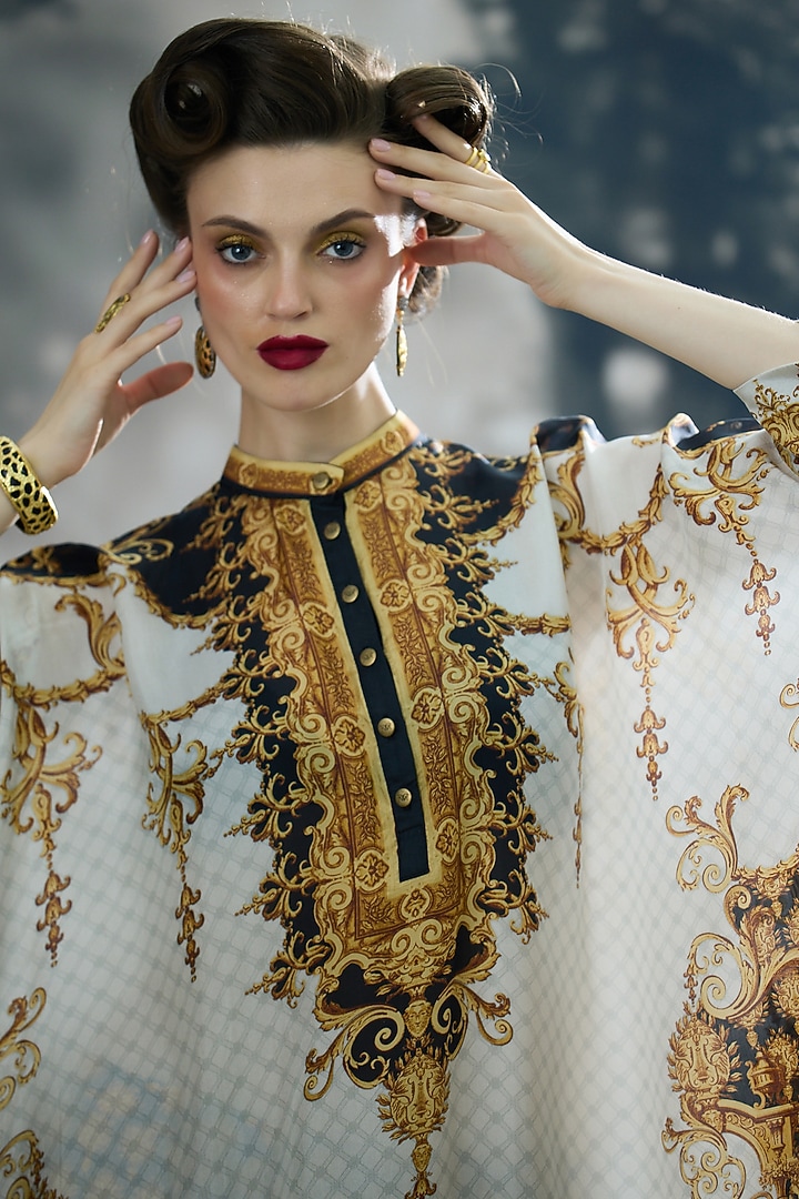 Black & Gold Silk Printed Tunic by Rajdeep Ranawat at Pernia's Pop Up Shop