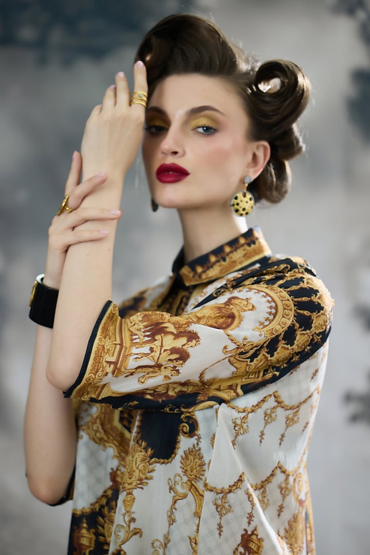 Black & Gold Silk Printed Top by Rajdeep Ranawat at Pernia's Pop Up Shop