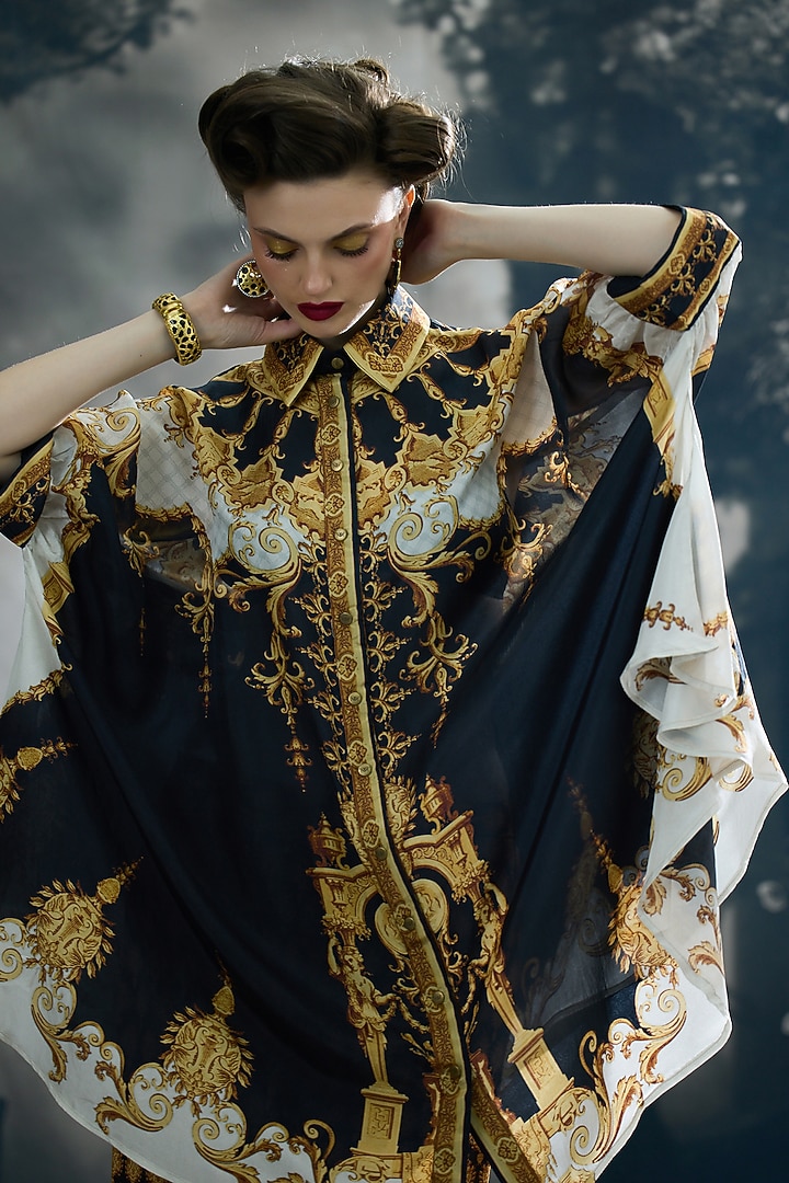 Black & Gold Silk Printed Shirt by Rajdeep Ranawat at Pernia's Pop Up Shop