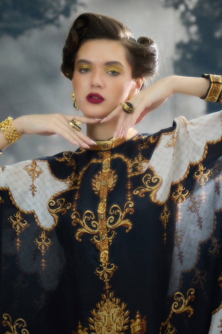 Black & Gold Silk Printed Tunic by Rajdeep Ranawat at Pernia's Pop Up Shop