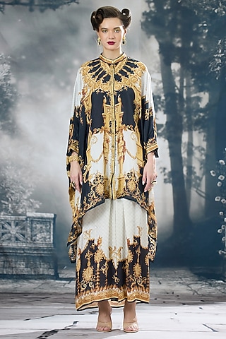 Black & Gold Silk Printed Tunic by Rajdeep Ranawat
