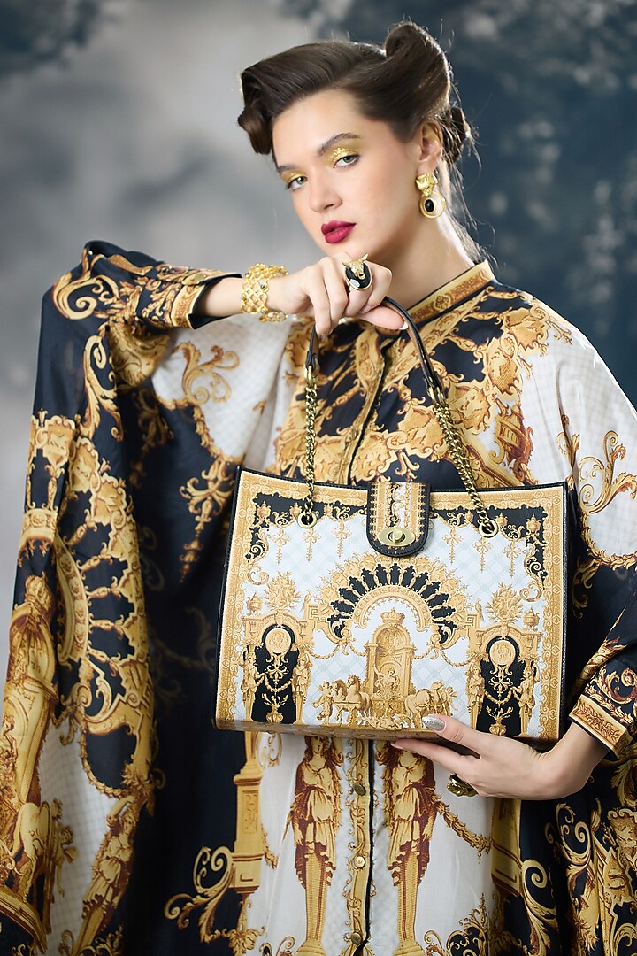 Black & Gold Silk Printed Tunic by Rajdeep Ranawat at Pernia's Pop Up Shop