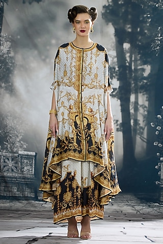 Black & Gold Silk Printed Cape by Rajdeep Ranawat