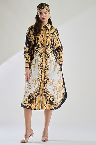 Black & Gold Cotton Linen Printed Shirt by Rajdeep Ranawat