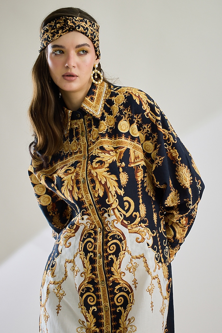 Black & Gold Cotton Linen Printed Shirt by Rajdeep Ranawat at Pernia's Pop Up Shop