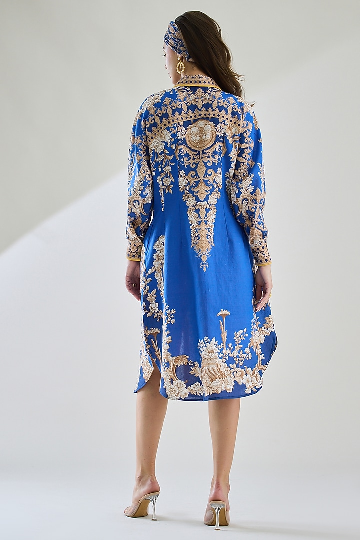 Blue Cotton Linen Printed Shirt by Rajdeep Ranawat at Pernia's Pop Up Shop