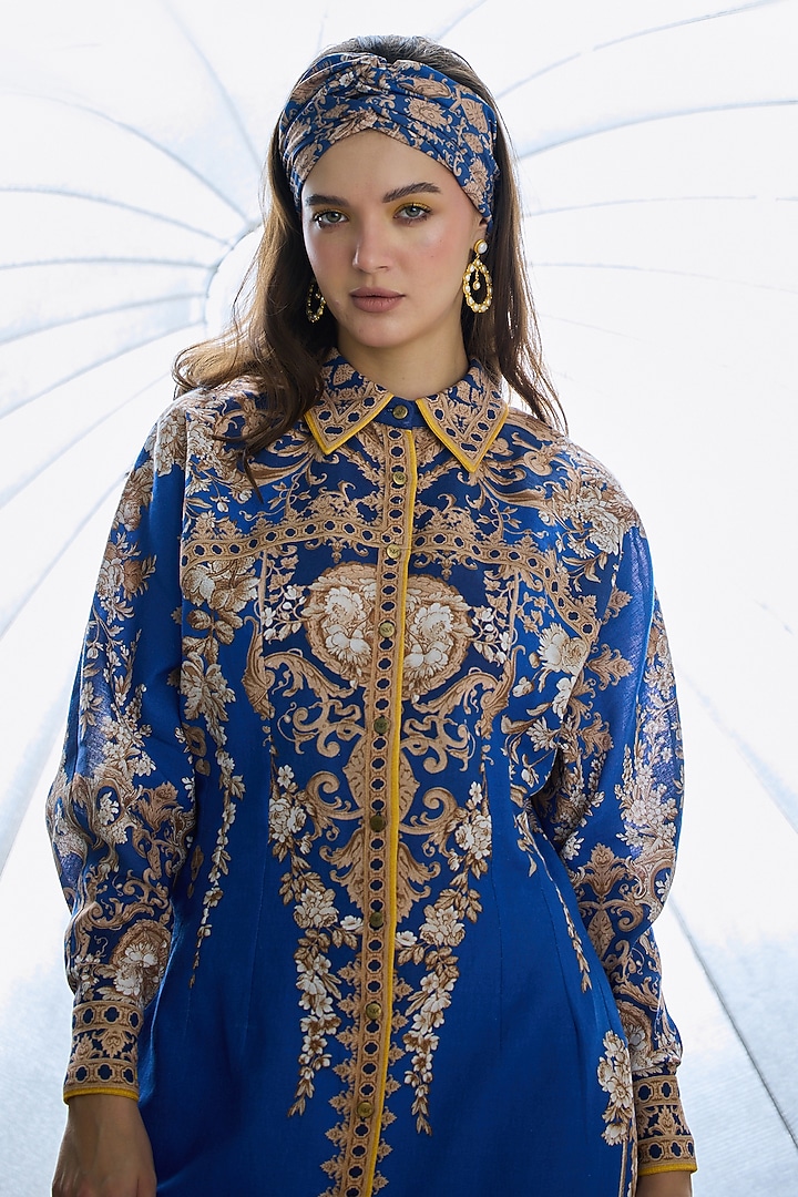 Blue Cotton Linen Printed Shirt by Rajdeep Ranawat at Pernia's Pop Up Shop