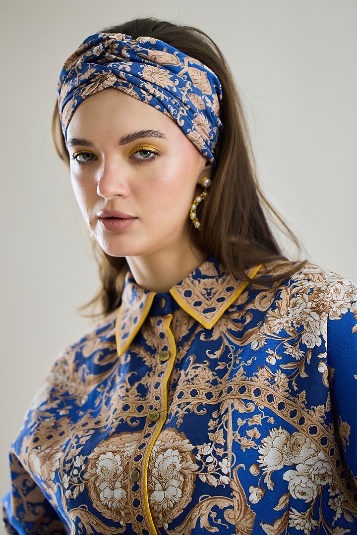 Blue Cotton Linen Printed Shirt by Rajdeep Ranawat at Pernia's Pop Up Shop