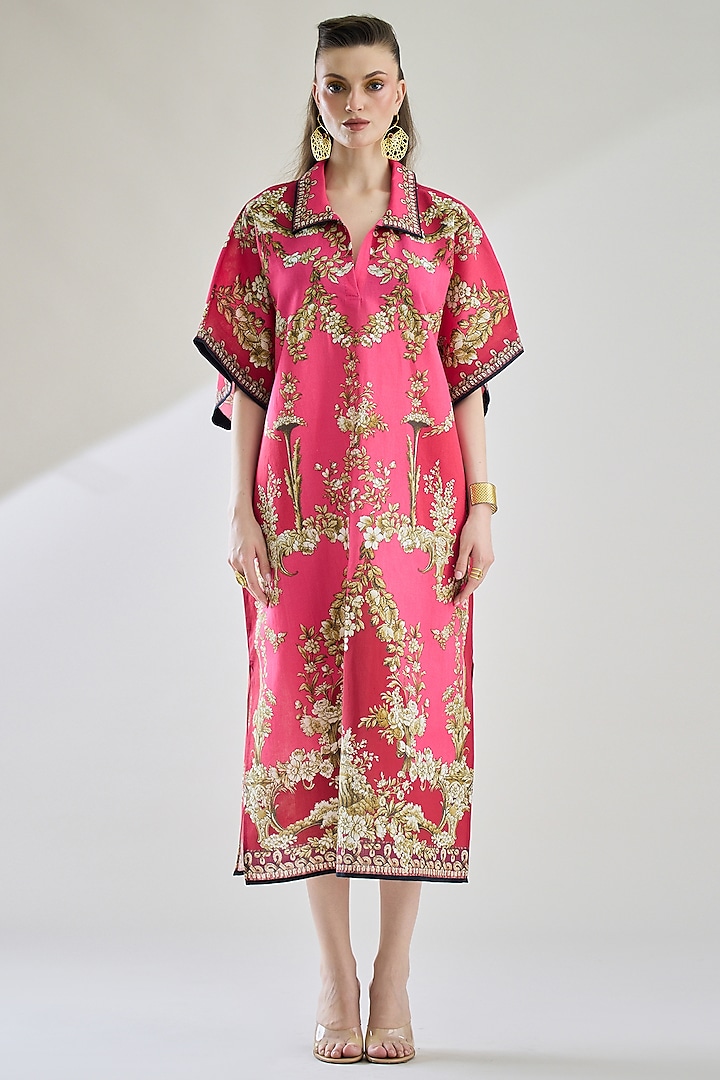 Fuchsia Cotton Linen Printed Kaftan by Rajdeep Ranawat at Pernia's Pop Up Shop