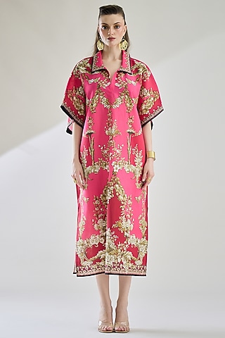 Fuchsia Cotton Linen Printed Kaftan by Rajdeep Ranawat