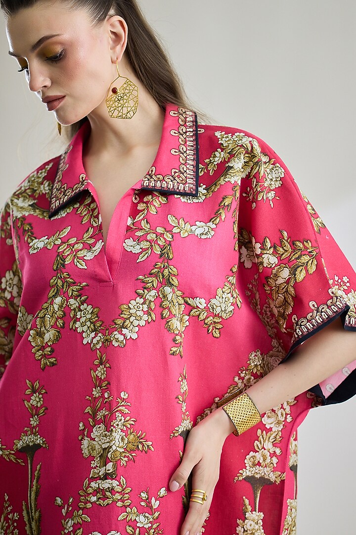 Fuchsia Cotton Linen Printed Kaftan by Rajdeep Ranawat at Pernia's Pop Up Shop