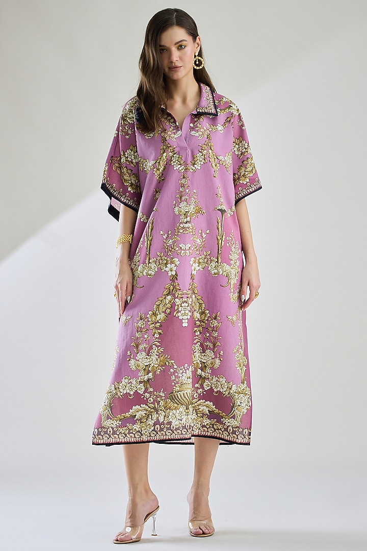 Lavender Cotton Linen Printed Kaftan by Rajdeep Ranawat at Pernia's Pop Up Shop