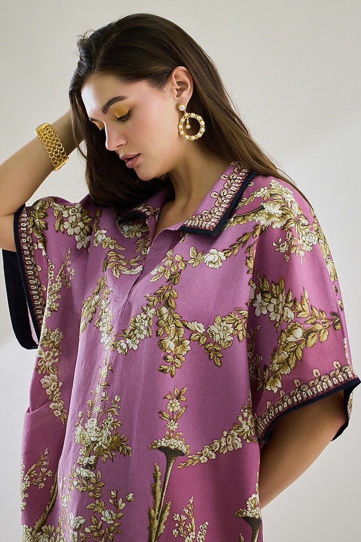 Lavender Cotton Linen Printed Kaftan by Rajdeep Ranawat at Pernia's Pop Up Shop