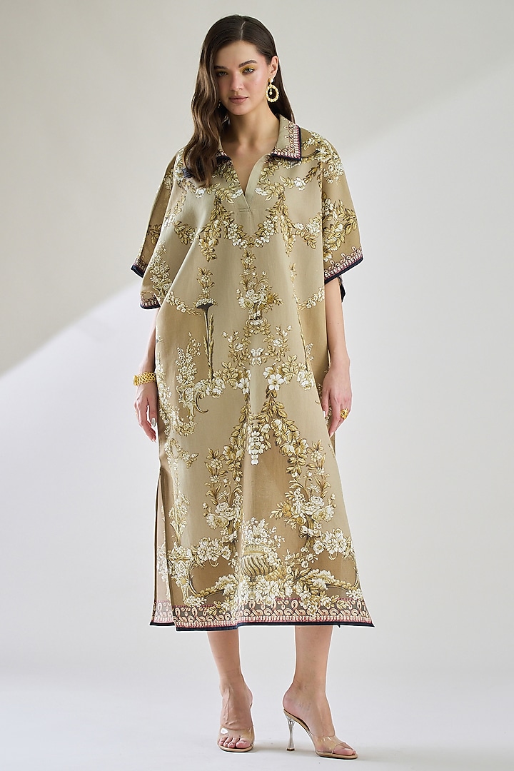 Taupe Cotton Linen Printed Kaftan by Rajdeep Ranawat at Pernia's Pop Up Shop