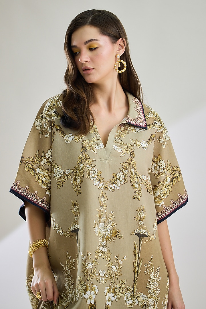Taupe Cotton Linen Printed Kaftan by Rajdeep Ranawat at Pernia's Pop Up Shop